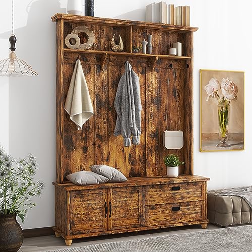 Wide Hall Tree with Storage Bench Coat Rack with Cabinet and 2 Drawers Wooden, High Back Mudroom Bench with 5 Hooks for Mudrooms Organization Entryway Living Room, White