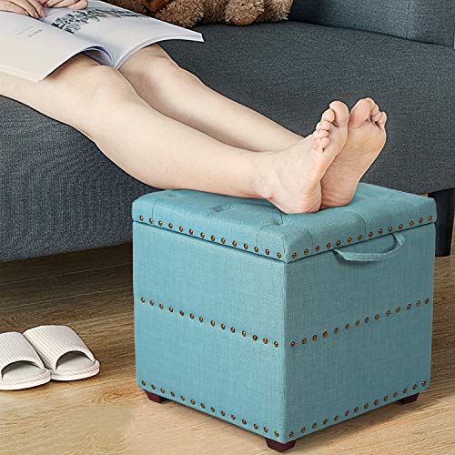 Adeco 17.7 Inch Storage Ottoman, Small Square Grey Linen Coffee Table Cube Foot Rest Stools, Upholstered Vanity Chair Seat for The Living Room, Entryway, Bedroom Dorm and Kids Room (Black with Tray)