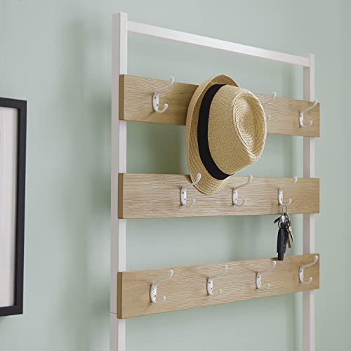 Linon Wooden Topped Bench and Shelf with Multiple Hanging Hooks Shaymus Metal Hall Tree, Grey & Grey-Washed