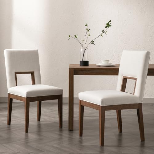 Modern Farmhouse Dining Chairs with Open Back Set of 2 Upholstered Linen Wood Dining Room Chair with Back Wooden Chairs for Restaurant Dining Room Kitchen, White