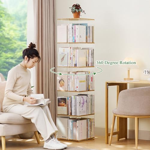 Rotating Bookshelf Tower 360° Revolving Bookcase, Spinning Bookshelf, Transparent acrylic & Bamboo Rotating Bookcase for Bedroom, Living Room, Study Room (Fully Transparent, 4 Tier)