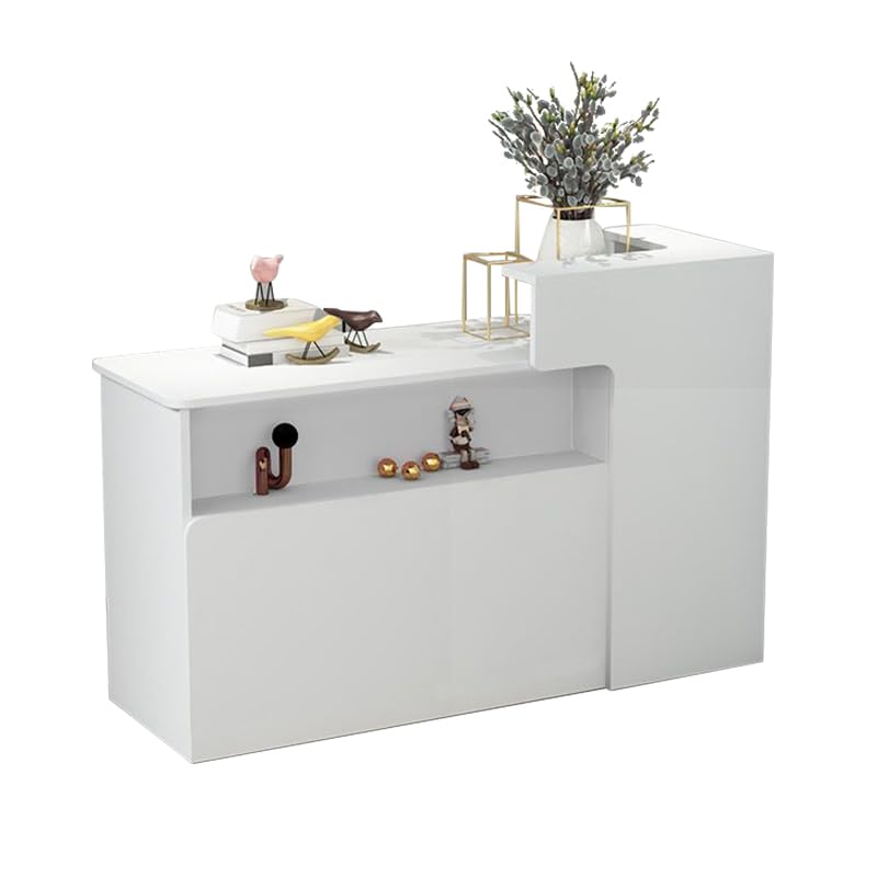 Reception Desk Small Retail Checkout, L-Shape Counter Table, Standing Cashier Front Desk Reception Room with Display Shelf and Drawers for Salons Company Shop