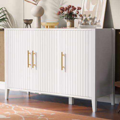 Amposei Accent Sideboard Cabinet 48-Inch Modern Credenza Console Cabinet Buffet Table with 3 Doors for Living Room Entryway, White