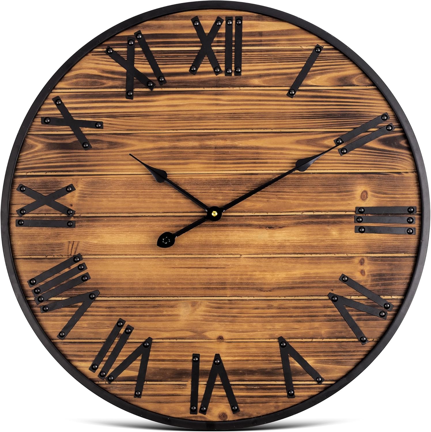 24 Inch Large Wall Clock, Rustic Wall Clocks Battery Operated Vintage Wall Decor with Metal Frame, Silent Non-Ticking Wooden Farmhouse Wall Clocks for Living Room, Bedroom, Kitchen