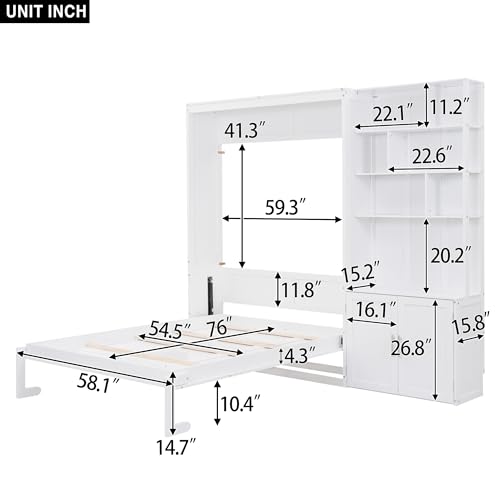 Queen Size Murphy Bed with Desk, 68 inch Murphy Bed Frame, Solid Wood Foldable Platform Bed,Foldable Cube Cabinet Queen Platform Bed, Space-Saving Wall Bed for Guest Room Home Office, White