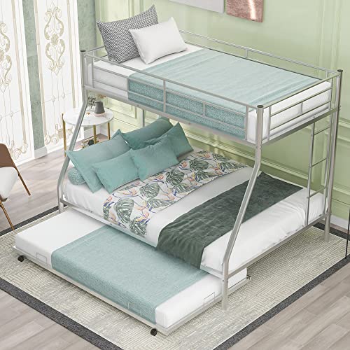 Twin Over Twin Metal Bunk Bed with Trundle, Twin Size Bunk Bed for Family, Kids, Teens,No Box Spring Needed