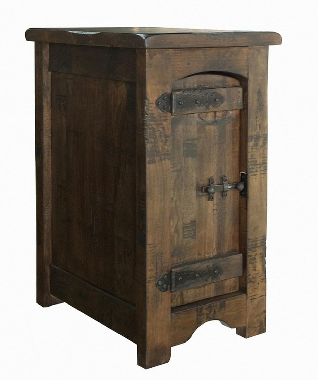 Benjara Exo 26 Inch Chairside End Table with 1 Door, Solid Pine Wood, Rustic Brown