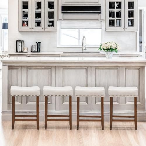 ERGOMASTER Bar Stools for Kitchen Island Set of 4 Bar Height Bar Stools 29 Inch Backless Barstools Modern Fabric Saddle Stools with Sturdy Wood Legs, Max Load 330lbs, Khaki/Brown