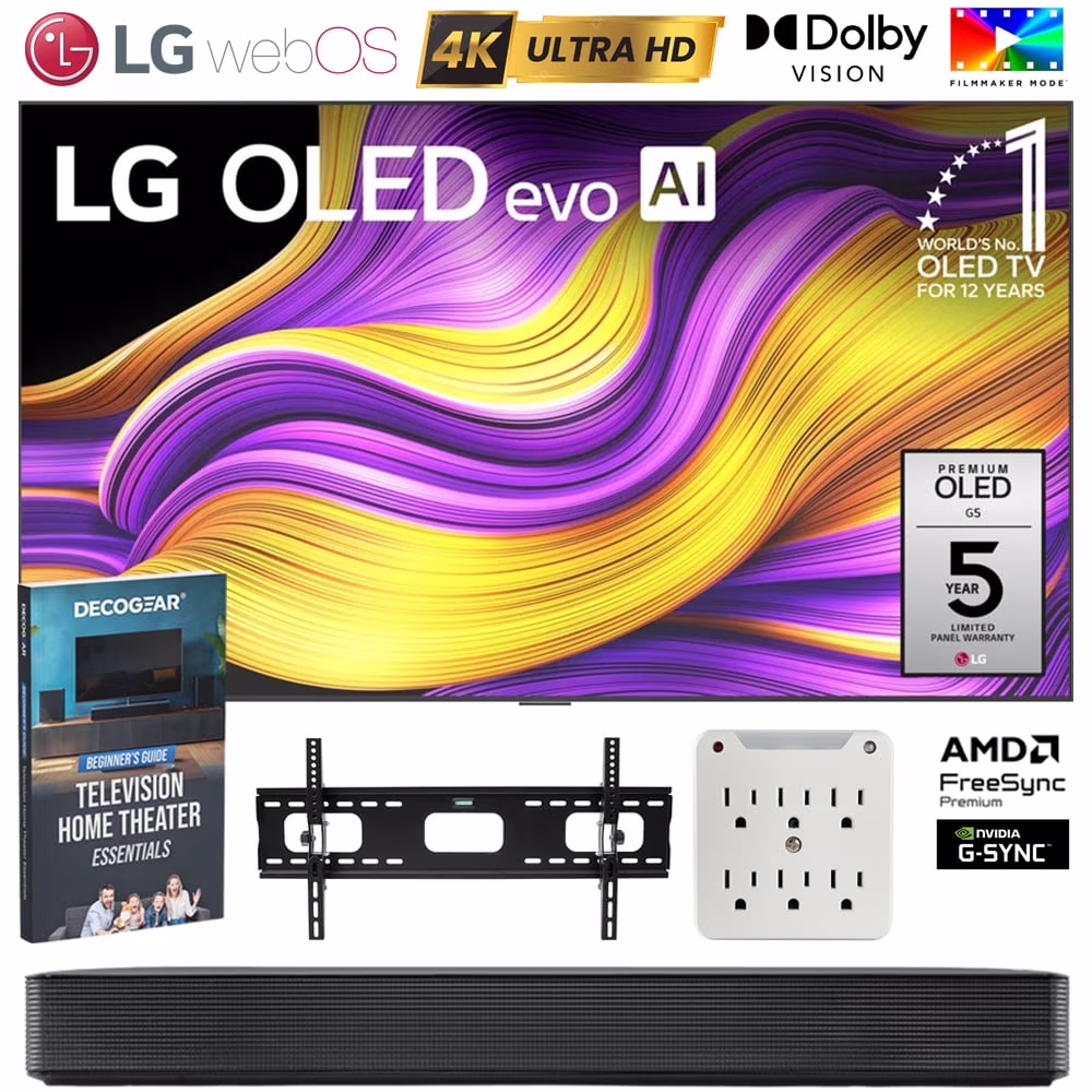 LG OLED77G5WUA 77" OLED evo 4K UHD Smart TV with One Wall Design 2025 Bundle with SKM1 2.0 Ch. Soundbar, TV Wall Mount, 6-Outlet Surge Adapter & Deco Gear Complete Home Theater Beginner's Guidebook