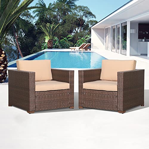 Patiorama Patio Single Sofa, Outdoor Armchair, All-Weather Brown PE Wicker Rattan Sectional Sofa, Additional Chair for Furniture Set, Patio Seating for Balcony Garden Porch Pool (Beige Cushion)