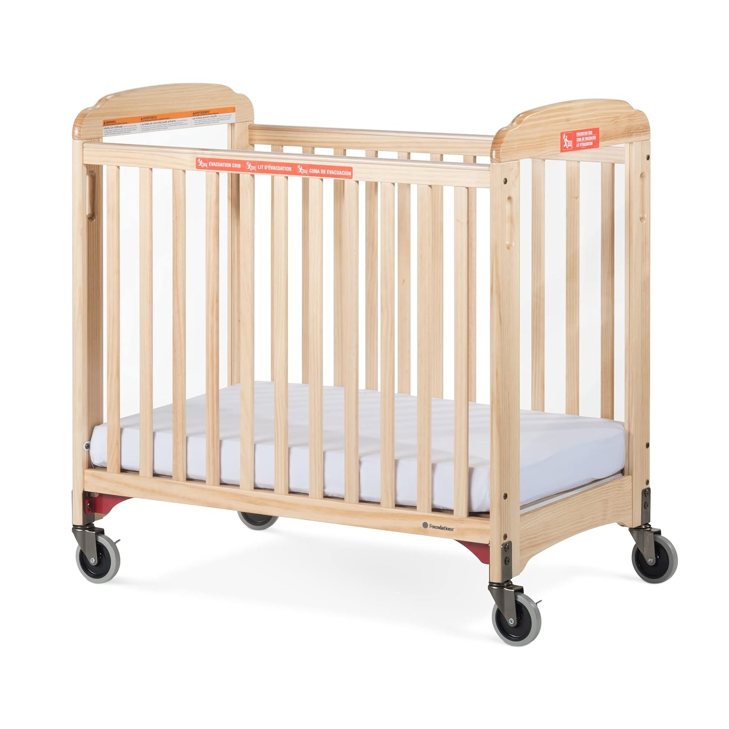 Foundations First Responder Evacuation Fixed-Side Crib, Features Clearview Panels, Includes Evacuation Frame, Oversized Casters, and 3-inch Ultradurable Foam Mattress (Natural)