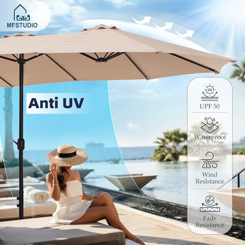 MFSTUDIO 15ft Double Sided Patio Umbrella with Base Included, Outdoor Large Rectangular Market Umbrellas with Crank Handle for Deck Pool Shade
