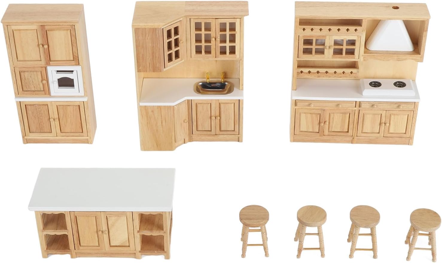 Miniature Dollhouse Kitchen Cabinet Furniture Set, Birch Wood Material, Provides Play Experience