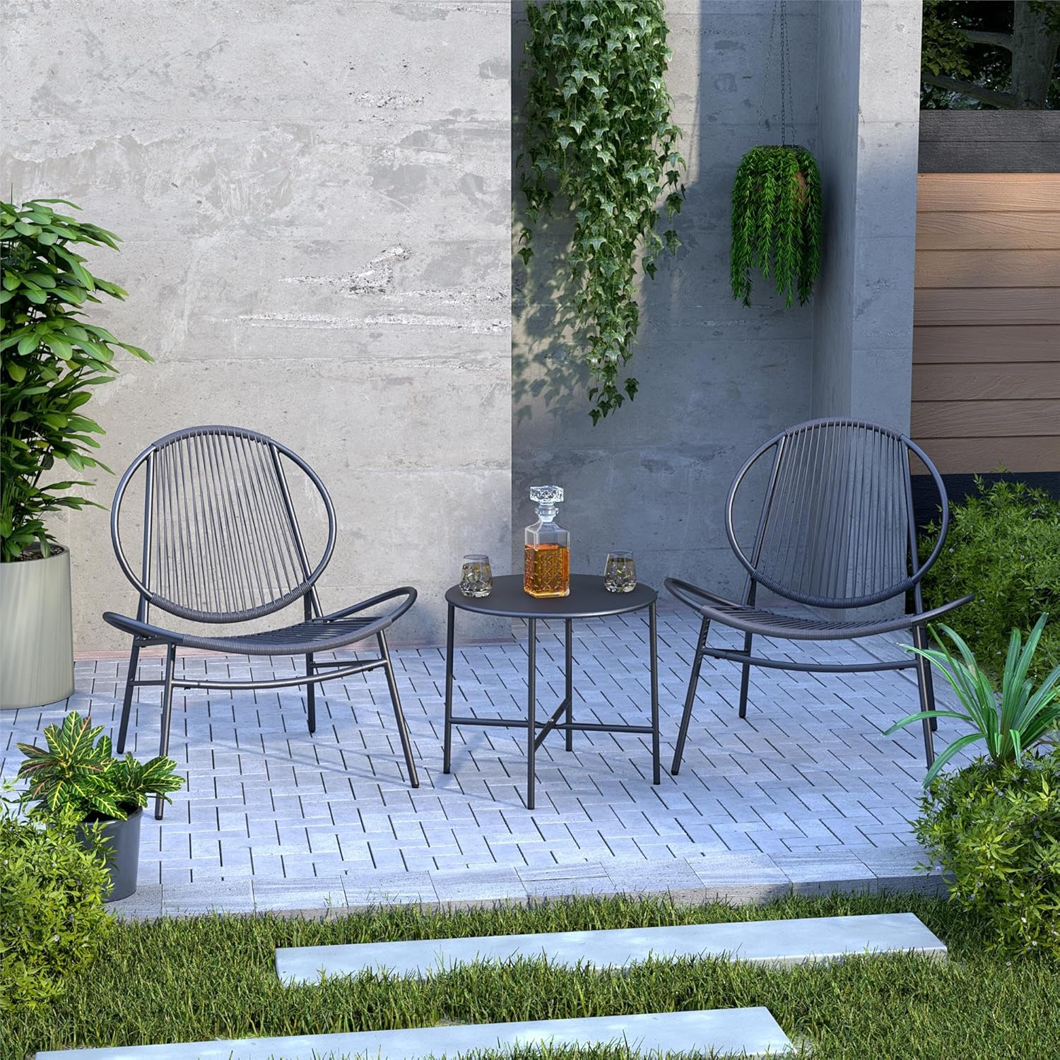 Novogratz Poolside Gossip, Marilyn 3 Piece Resin Weave Chat Set, Charcoal