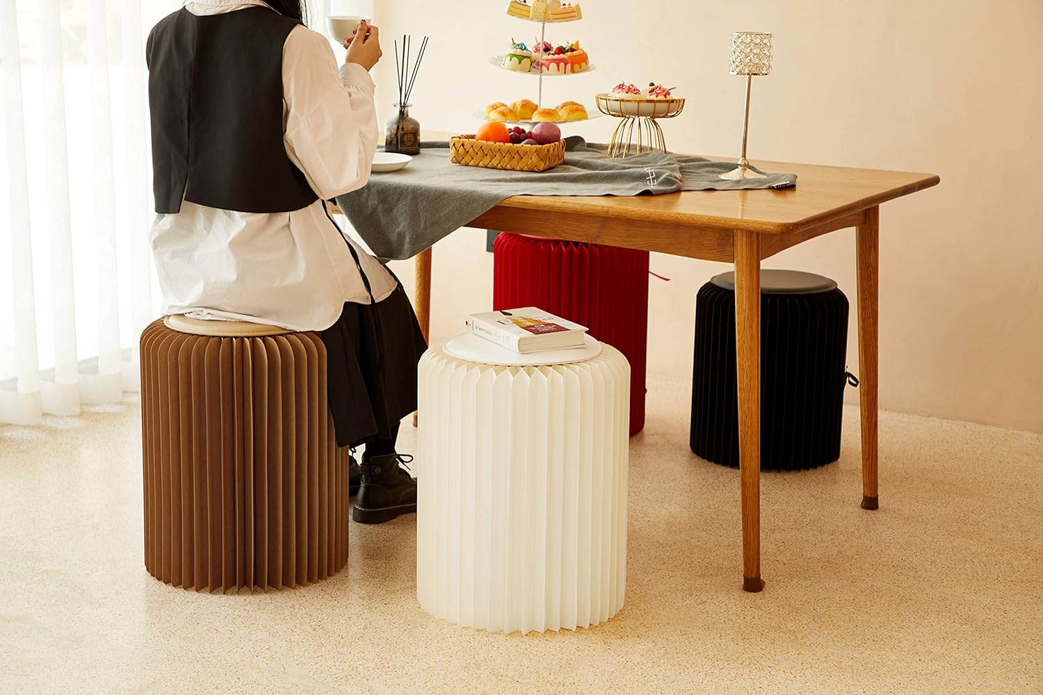 Nordic Folding Paper Chair Furniture for Home Stool Living Room Bedroom Hallway Ultrathin Folding Chair Portable Round Stool Footstool (Brown)