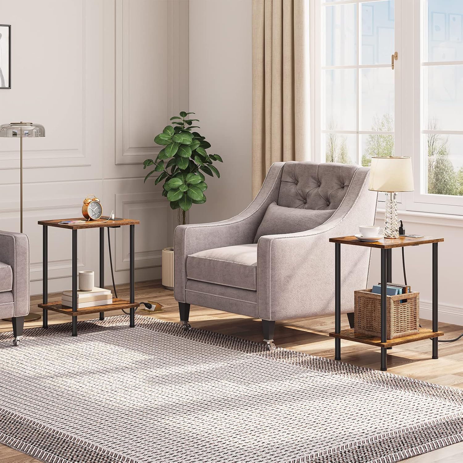 HOOBRO Side/End Tables with Charging Station Set of 2 and LED End Tables Set of 2 Bundle, Small table for Small Space in Living Room, Bedroom, BF09UBZP201-BF112UDBZP201