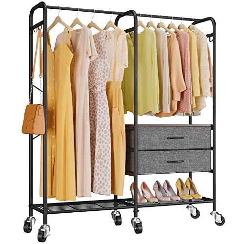 Timate P4 Rolling Clothes Rack for Hanging Clothes, Metal Clothing Rack with Drawers & Lockable Wheels, Heavy Duty Garment Rack Free Standing Closet Rack for Bedroom, 49.6