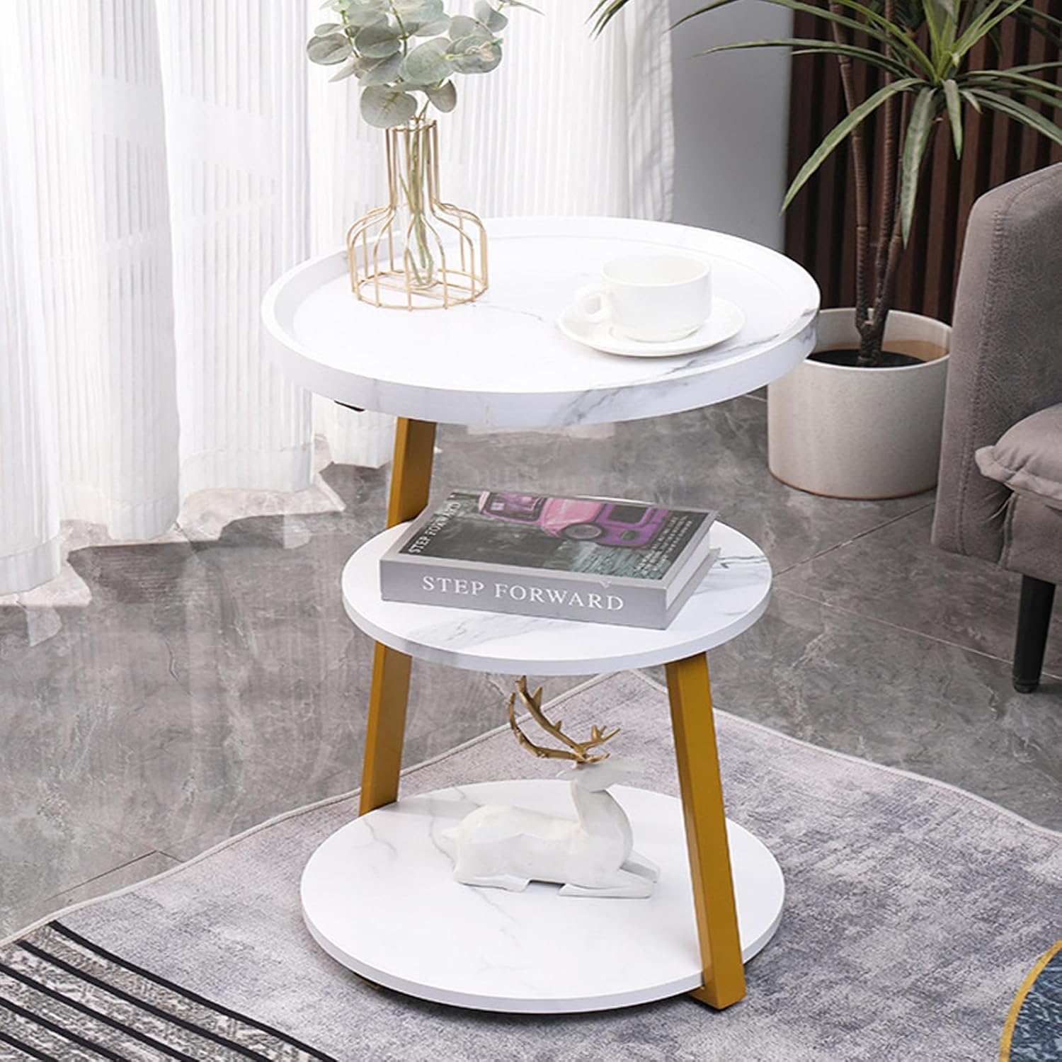 3-Tier Wooden Round Modern Side Table，Metal Frame Round Sofa Table, Small Space Coffee Table，Modern Side Table Corner Sofa Table Bedside Table for Living Room Bedroom Balcony (White)