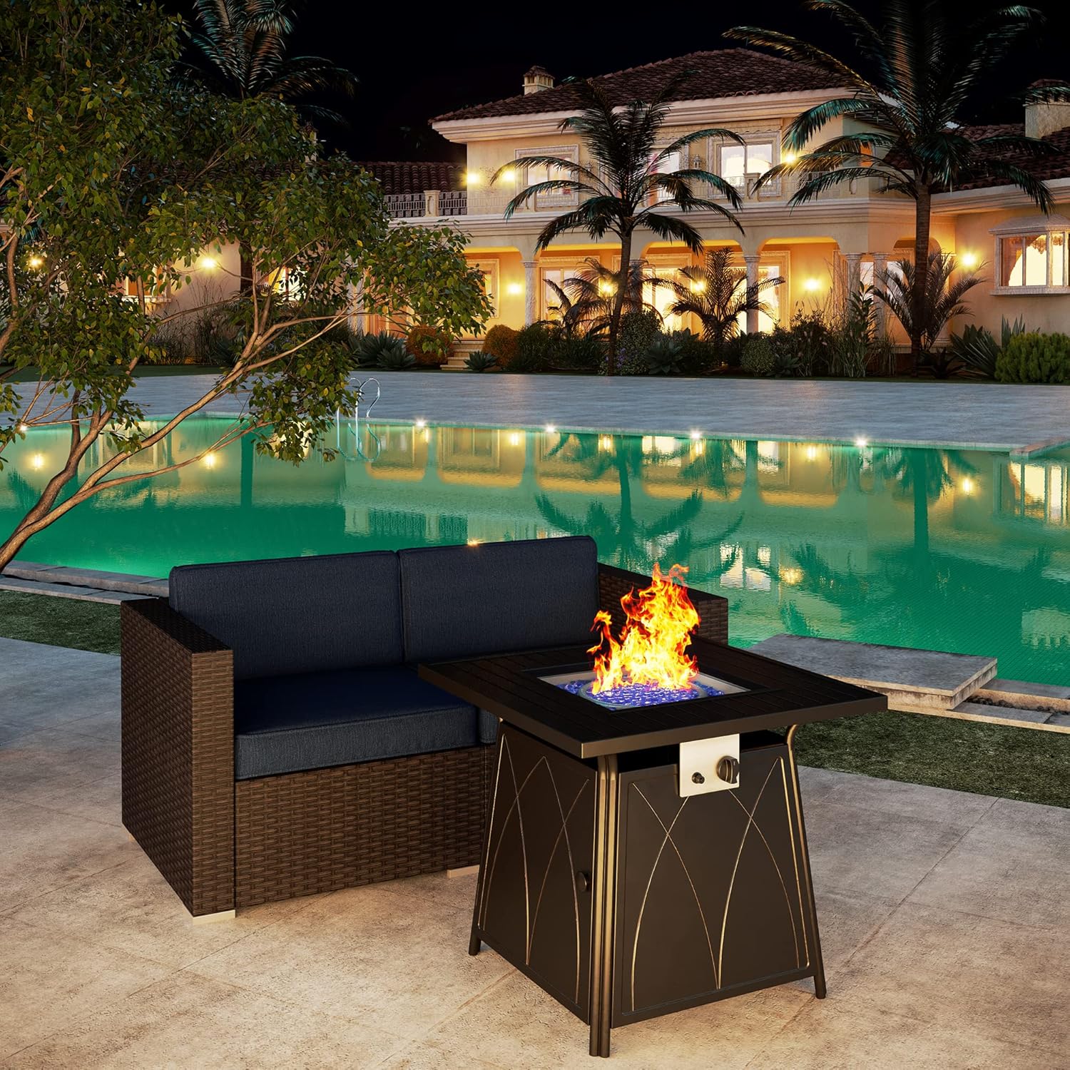 PHI VILLA Patio Furniture Sectional Sofa Set with CSA Approved Gas Fire Pit Table Wicker Rattan Outdoor Conversation Sets Propane Rectangular Fire Pit Table, 3 Pieces Blue