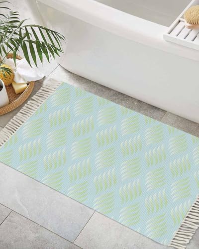 Boho Runner Rug with Tassels 2'x4' Abstract Leaves Lines Geometric Natural Patterns Ombre Green Woven Runners for Hallways Washable Rug Runner Area Rug Floor Carpet for Bedroom Living Room Kitchen