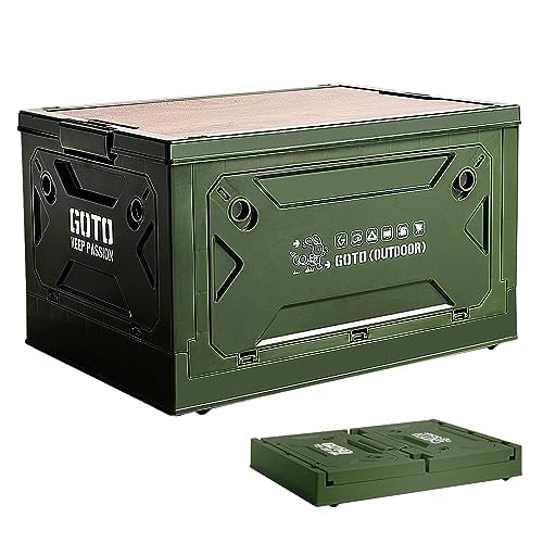GOTO 50L Folding Storage Box with Wooden Lid, Stackable Foldable Storage Bin with Wooden Cover, Side Opening Folding Storage Containers for Camping, Car Trunk, Home Sorting (Army Green)