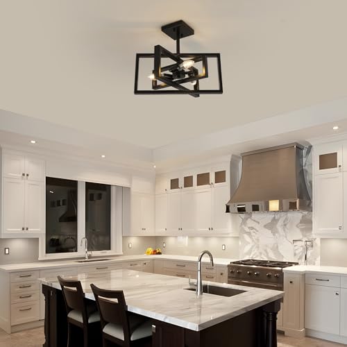 DELIPOP Semi Flush Mount Ceiling Light, 4-Light Black Farmhouse Industrial Ceiling Light Fixtures with Square Metal Frame Light Fixtures Ceiling Mount for Kitchen, Dining Room, Living Room, Bedroom