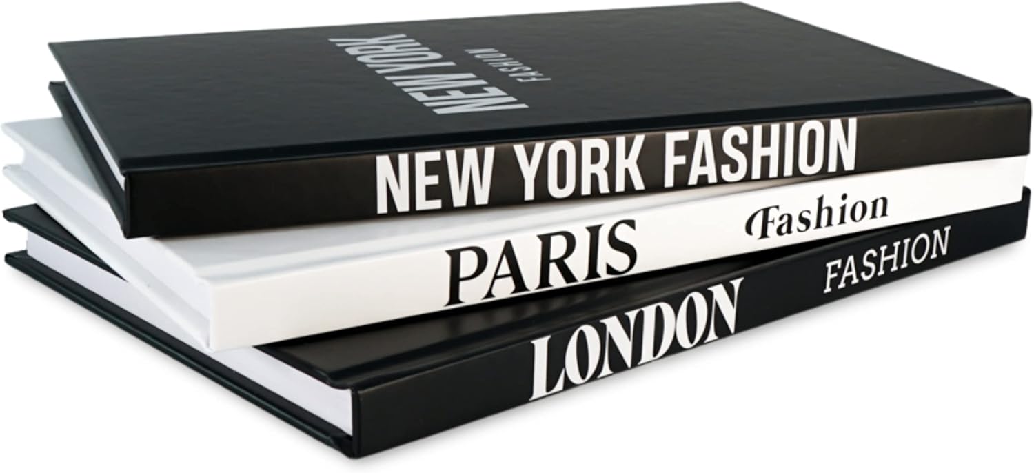 Decorative Books – 3 Book Set – Living Room Décor – Shelf Decoration – London, Paris & New York Fashion – Designer Books – Coffee Table Décor – Faux Books for Decoration – Black & White Themed