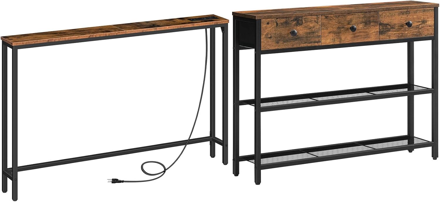 HOOBRO Skinny Console Table with Power Outlets and USB Ports and Small Entryway Table with 3-Tier Storage Shelves, for Entryway, Hallway, Foyer, Rustic Brown and Black BF15XG01G1-BF82XG01