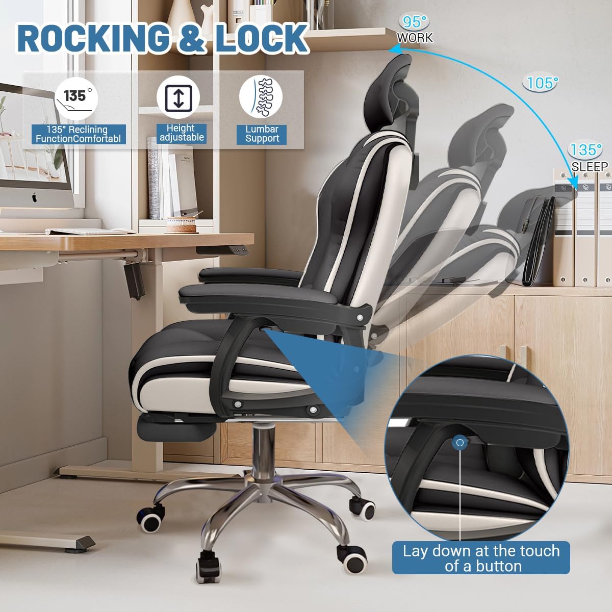 Executive Computer Chair Home Office Desk Chair,Adjustable Angle, Ergonomic Adjustable Height PU Leather Chairs with Cushions Armrest for Long Time Seating-High Office Chair with Footrest