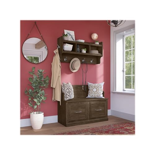 kathy ireland Home by Bush Furniture Woodland 32-Inch Shoe Storage Bench and Coat Rack with 4 Shelves, Ash Brown (WDL009ABR)