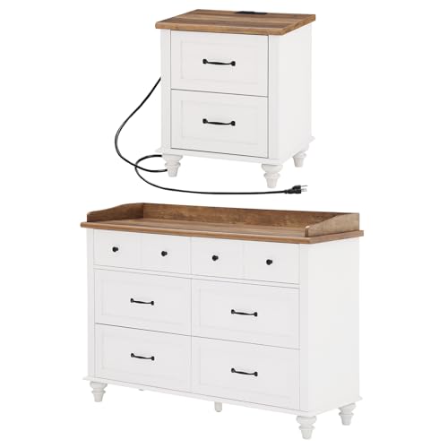 WAMPAT 3 Piece Dresser and Nightstand Sets, White Dresser & Chests of Drawers with 6 Drawers and Metal Handle, Mid-Century Modern Set of 2 End Tables with Charging Station, 3 Piece Bedroom Set