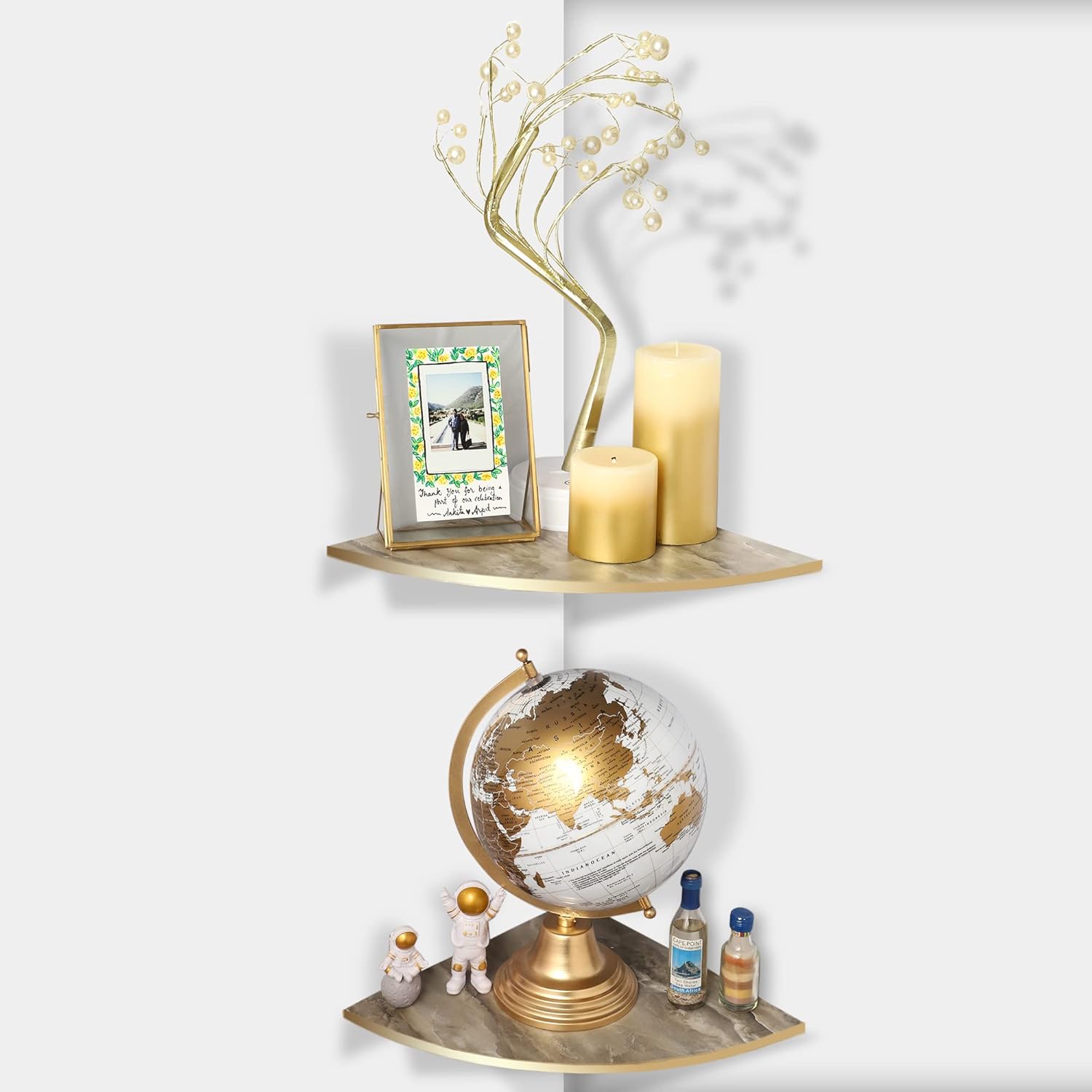 Wooden Corner Shelf for Living Room Decor and Storage, Multipurpose Side Corner Wall Shelf for Living Room, Bedroom and Kitchen (Set of 2 Floating Wooden Wall Shelves for Home Decor) (Marble)