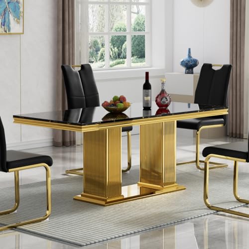White Marble Dining Table for 6 Luxury Faux Marble Kitchen Table with Gold Mirrored Stainless Steel Base, 70