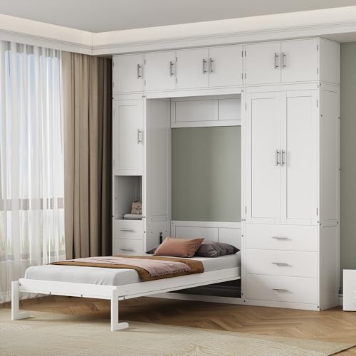 SOFTSEA Twin Size Murphy Bed with Wardrobes and Lockers, Folding Wall Bed for Guest Room Bedroom Small Room Study Room Office, White