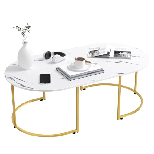 Modern Coffee Table for Living Room, Faux Marble Coffee Table, Center Tea Table for Living Room, Dining Room, Easy Assembly Platinum