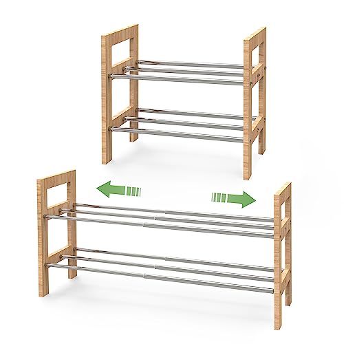 2 Tier Expandable Shoe Rack, Adjustable Shoes Organizer Storage Shelf, Wooden and Metal Free Standing Shoe Rack for Closet Entryway Doorway and Small Space (2-tier)