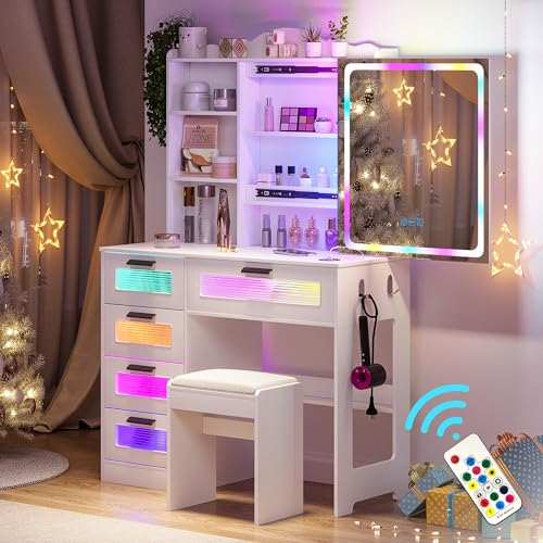Vanity Desk with Lights and Sliding Vanity Mirror, Makeup Vanity Desk with Charging Station, Vanities Dressing Table with Stool, Vanity Set with Large Drawers&Shelves for Bedroom, Grey