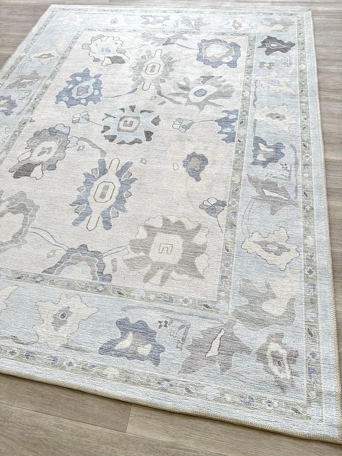 Cream Blue Oushak Rug, Modern, Vintage, Turkish, Eclectic, Floral, Pastel, Washable, Large Area Rugs for Living Room, Dining, Bedroom, Girls, Boys, 7'5