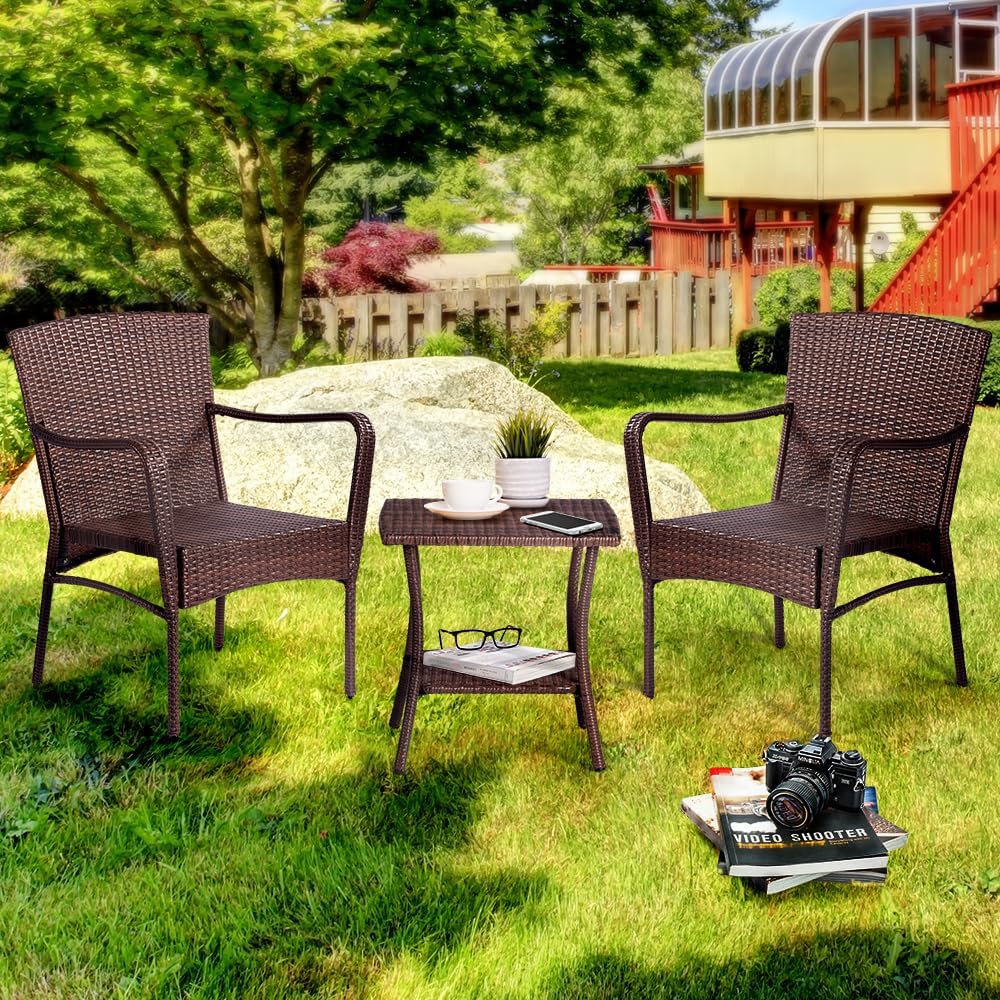 3 Pieces Outdoor Seating Group Furniture, Rattan Patio Furniture, Wicker Patio Chairs Set, Patio Bistro Sets, Outdoor Conversation Sets - Brown B082119311