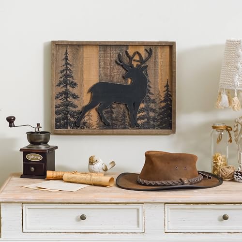 NIKKY HOME Cabin Wall Decor, 3D Deer Solid Wood Forest Mountain Woodland Wildlife Lodge Animal Picture Art Bathroom Decor, 16 x 12 Inches