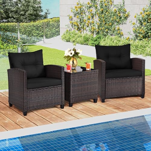 S AFSTAR 3 Pieces Patio Furniture Set, Outdoor Wicker Conversation Set Rattan Chairs with Soft Cushions, Glass Coffee Table, Bistro Set for Front Porch Balcony Garden Deck Poolside, Navy