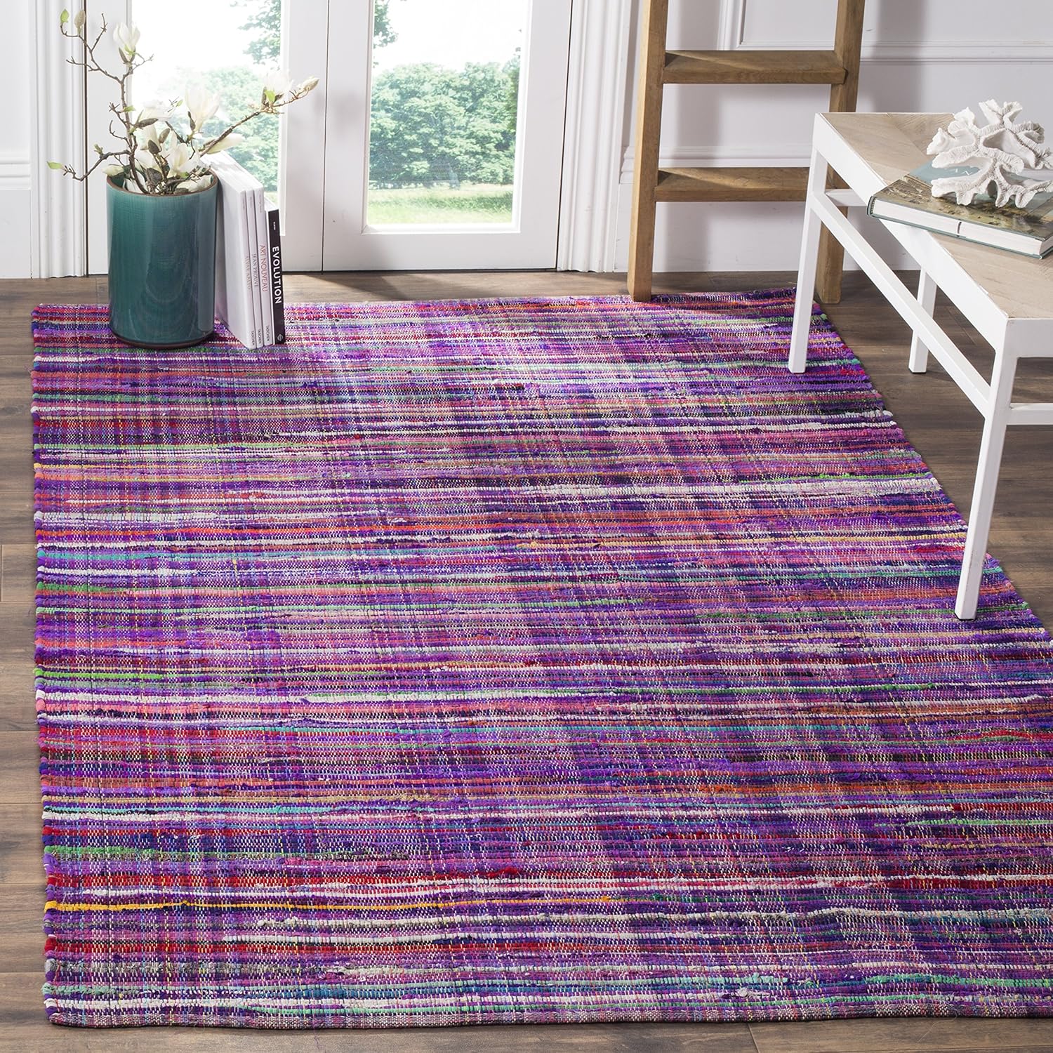 SAFAVIEH Rag Rug Collection Area Rug - 9' x 12', Purple & Multi, Handmade Boho Stripe Cotton, Ideal for High Traffic Areas in Living Room, Bedroom (RAR240C)