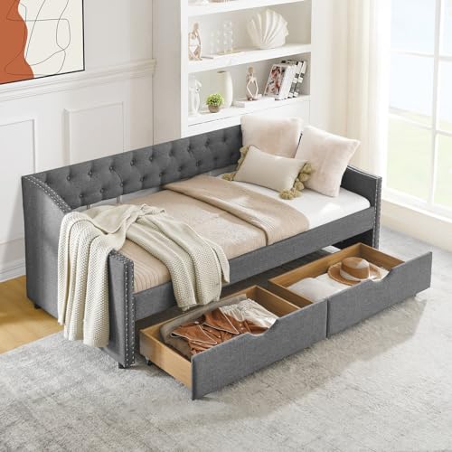 Daybed with Storage,Linen Button Tufted Full Daybed,Modern Sofa Couch Bed,Upholstered Daybed Frame with Nailhead Trim&2 Drawers for Living Room,Bedroom,Guest Room,No Box Spring Needed(Black)