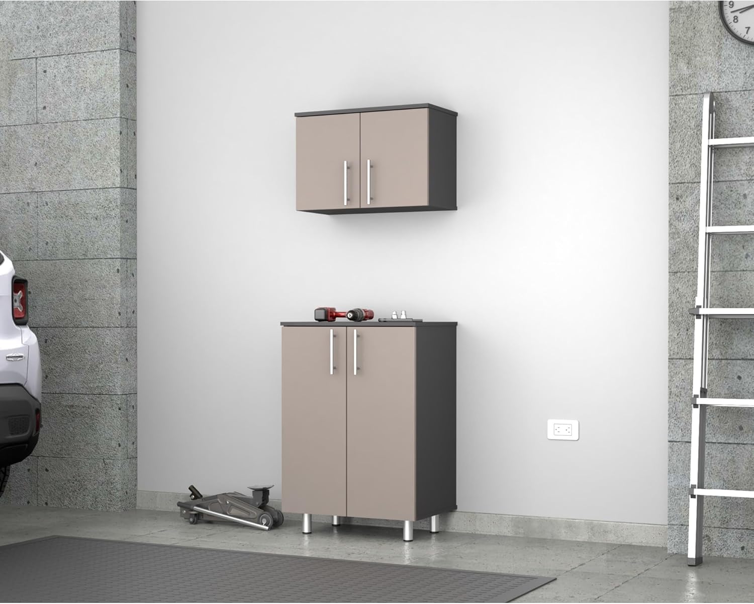 Inval Maestrik 2-Door Storage Cabinet, Taupe, Dark Gray & Maple