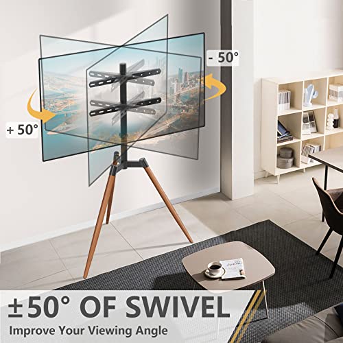 TVON Tripod Easel TV Stand for 37–65 Inch LED LCD Flat/Curved Screen TVs up to 77 lbs, Height Adjustable Corner TV Stand with Cable Management and 180° Swivel for Bedroom, Living Room, Studio, White