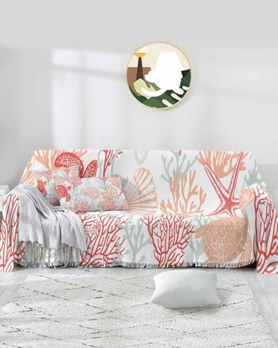 Ocean Blue Green Cover Couch Covers for 3-4 Cushion Couch Throw Couch Cover with Tassel Soft Slipcover Summer Coral Sea Turtle Seahorse Starfish Couch Furniture Protector for Dog Pet 71