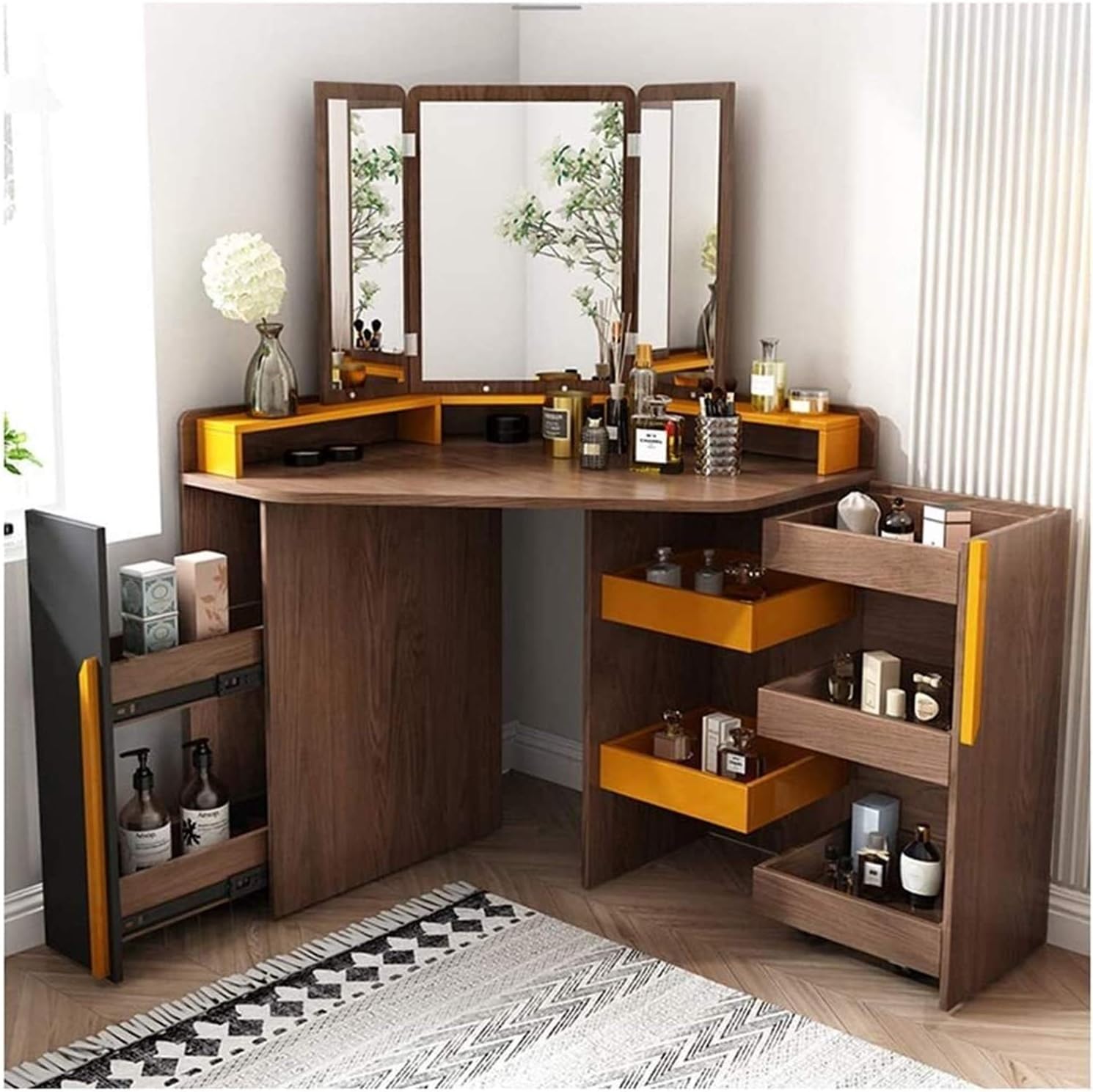 Vanity Living Bedroom Dressing Tables Vanity Desk Corner Dressing Table with Mirror Vanity Table Set with Stool 7 Drawer for Bedroom Set Villa Furniture Bedroom Storage (Color : Brown) (Brown)
