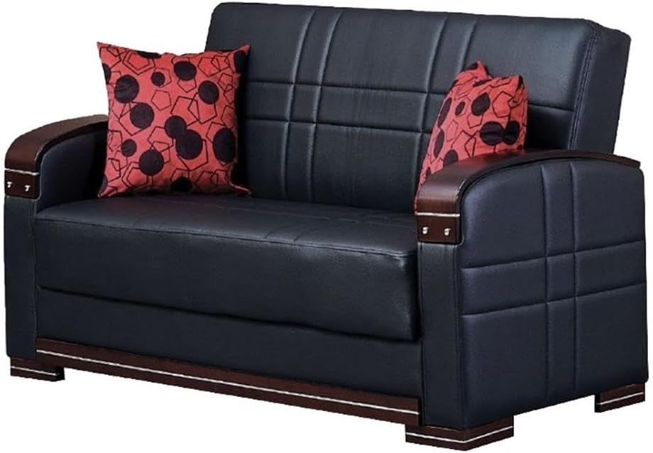 Empire Furniture USA Bronx Collection Convertible Loveseat with Storage Space, Includes 2 Pillows, Black