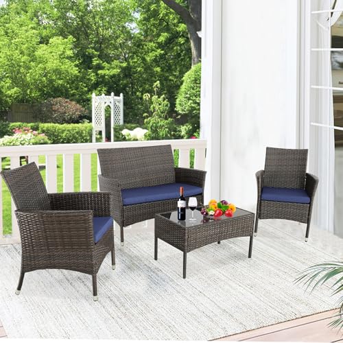 4-Piece Outdoor Patio Furniture Sets Wicker Sofa with Cushions and Coffee Table Garden Lawn Pool Backyard Outdoor Sofa Sets (Expresso Rattan- Peacock Blue, Set of 4)