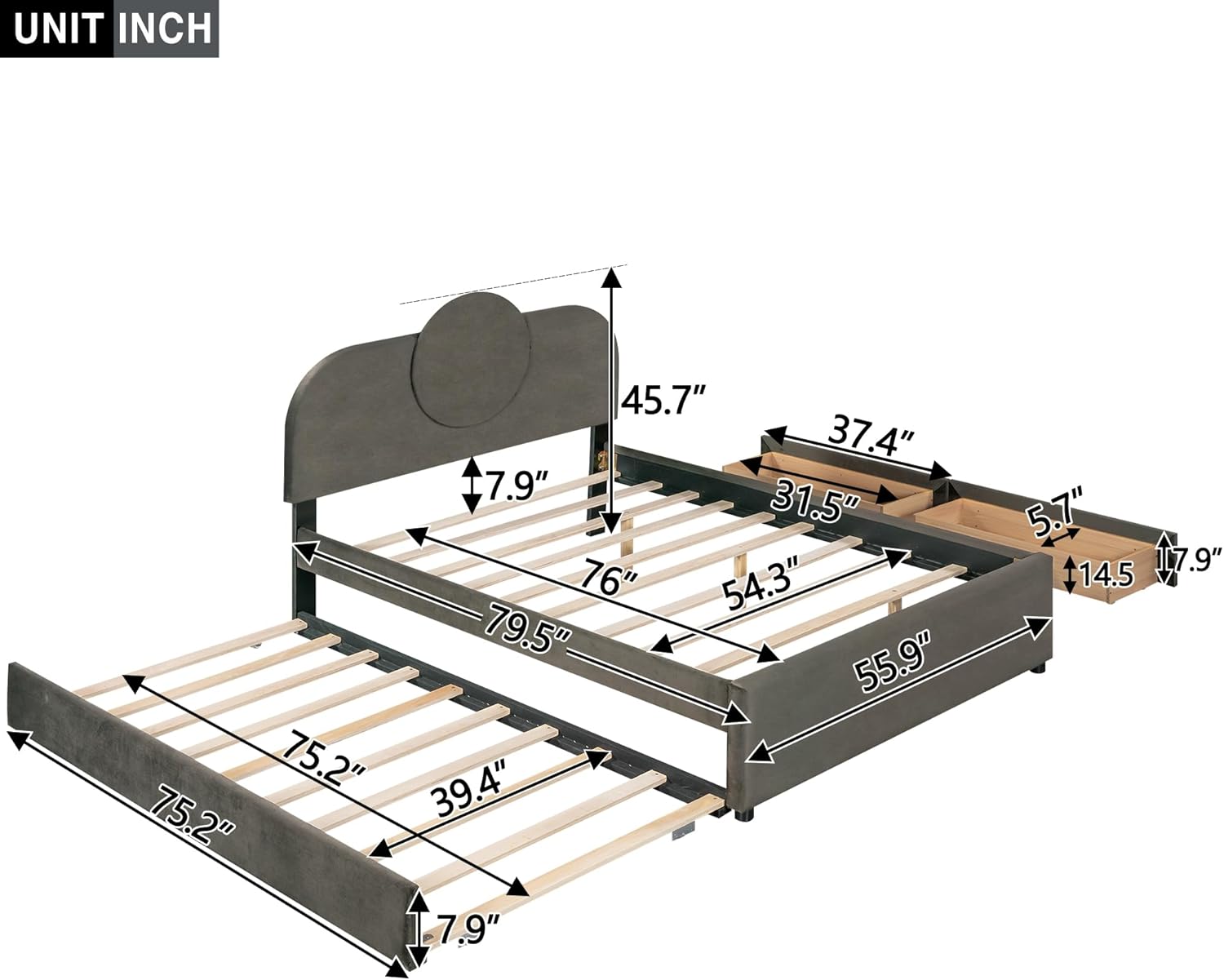 Full Size Upholstered Platform Bed with Multi-Functional LED Headboard, Wooden Beds Frame with Trundle and 2 Storage Drawers, Space Saving, No Box Spring Needed, Gray